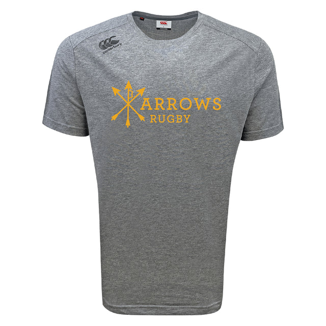The WRS Canterbury Arrows Rugby Club Tempo Vapodri T-Shirt is a heather grey, moisture-wicking tee with "Arrows Rugby" and four yellow crossed arrows on the front plus a small right shoulder logo, keeping you cool and comfortable all day.