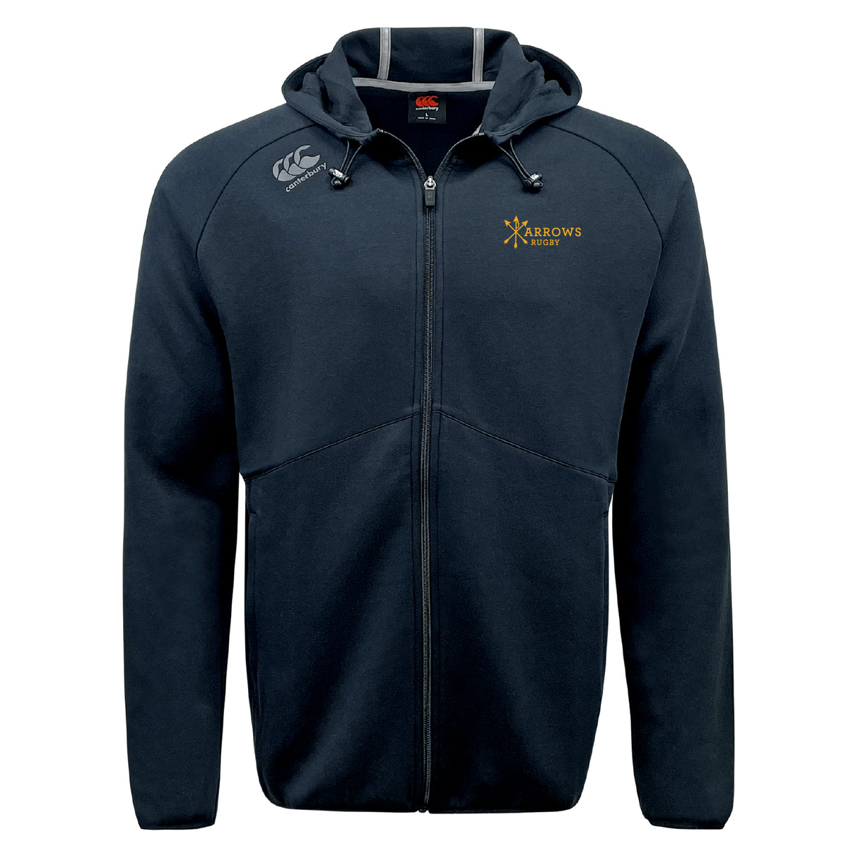The Arrows Rugby Club Tempo Vapodri Full-Zip Hoodie by EMB Canterbury is a black, moisture-wicking hoodie with a hood and drawstrings, featuring the "Arrows Rugby" and Canterbury logos on the front—ideal for fans and athletes.