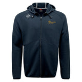 The Arrows Rugby Club Tempo Vapodri Full-Zip Hoodie by EMB Canterbury is a black, moisture-wicking hoodie with a hood and drawstrings, featuring the "Arrows Rugby" and Canterbury logos on the front—ideal for fans and athletes.