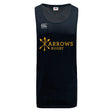 The Arrows Rugby Club Tempo Vapodri Singlet by WRS Canterbury is a black sleeveless jersey featuring "ARROWS RUGBY" with crossed yellow arrows, a white Canterbury logo on the chest, and is made from recycled polyester.