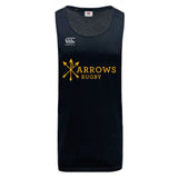 The Arrows Rugby Club Tempo Vapodri Singlet by WRS Canterbury is a black sleeveless jersey featuring "ARROWS RUGBY" with crossed yellow arrows, a white Canterbury logo on the chest, and is made from recycled polyester.