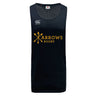The Arrows Rugby Club Tempo Vapodri Singlet by WRS Canterbury is a black sleeveless jersey featuring "ARROWS RUGBY" with crossed yellow arrows, a white Canterbury logo on the chest, and is made from recycled polyester.