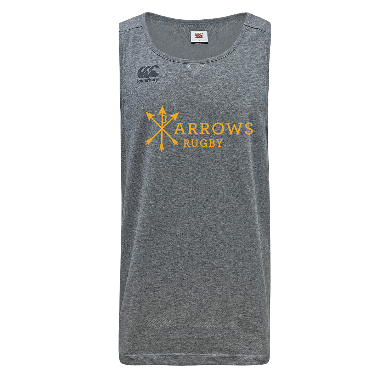 The Arrows Rugby Club Tempo Vapodri Singlet by WRS Canterbury is a gray, sleeveless top featuring a yellow "Arrows Rugby" graphic with crossed arrows and the Canterbury logo, made with VapoDri technology for enhanced comfort.