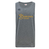 The Arrows Rugby Club Tempo Vapodri Singlet by WRS Canterbury is a gray, sleeveless top featuring a yellow "Arrows Rugby" graphic with crossed arrows and the Canterbury logo, made with VapoDri technology for enhanced comfort.