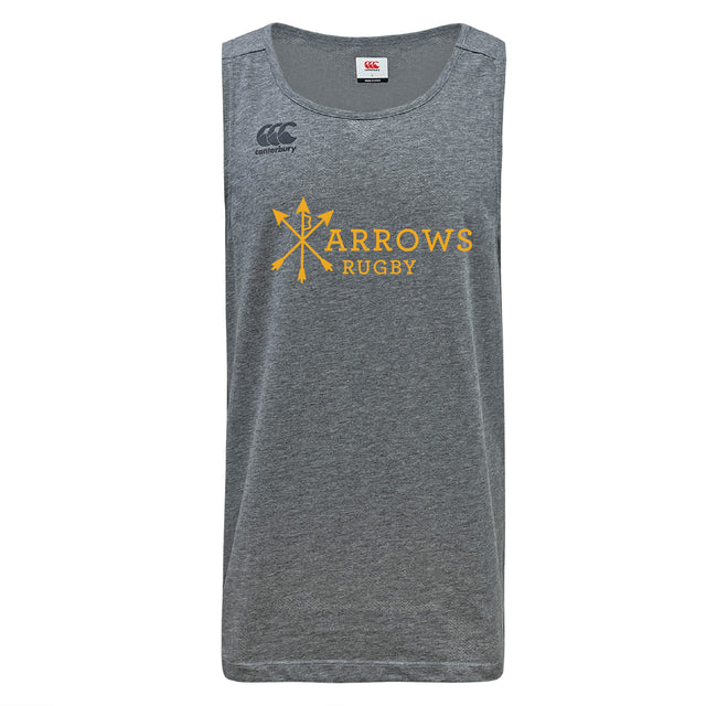 The Arrows Rugby Club Tempo Vapodri Singlet by WRS Canterbury is a gray, sleeveless top featuring a yellow "Arrows Rugby" graphic with crossed arrows and the Canterbury logo, made with VapoDri technology for enhanced comfort.
