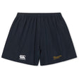 The Arrows Rugby Club Yokohama Short by EMB Canterbury features an elastic waistband, a white Canterbury logo on the left, and a yellow Arrows Rugby logo on the right—perfect for training or matches.
