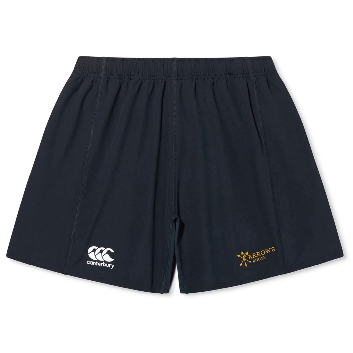 The Arrows Rugby Club Yokohama Short by EMB Canterbury features an elastic waistband, a white Canterbury logo on the left, and a yellow Arrows Rugby logo on the right—perfect for training or matches.