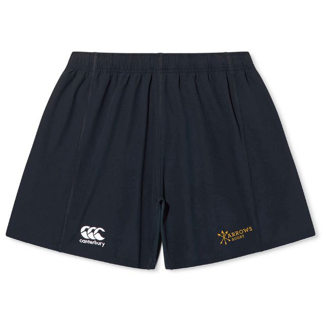 The Arrows Rugby Club Yokohama Short by EMB Canterbury features an elastic waistband, a white Canterbury logo on the left, and a yellow Arrows Rugby logo on the right—perfect for training or matches.