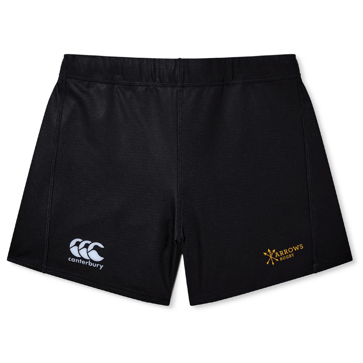 The Arrows Rugby Club Women's Yokohama Short by EMB Canterbury features the Canterbury logo on the left leg and Arrows Rugby logo on the right, shown on a white background—perfect for rugby fans and players.