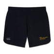 The Arrows Rugby Club Women's Elite Woven Short by EMB Canterbury features a grey Canterbury logo on the left thigh, a yellow "Arrows Rugby" logo with arrows on the right thigh, and zippered pockets for secure storage during workouts.