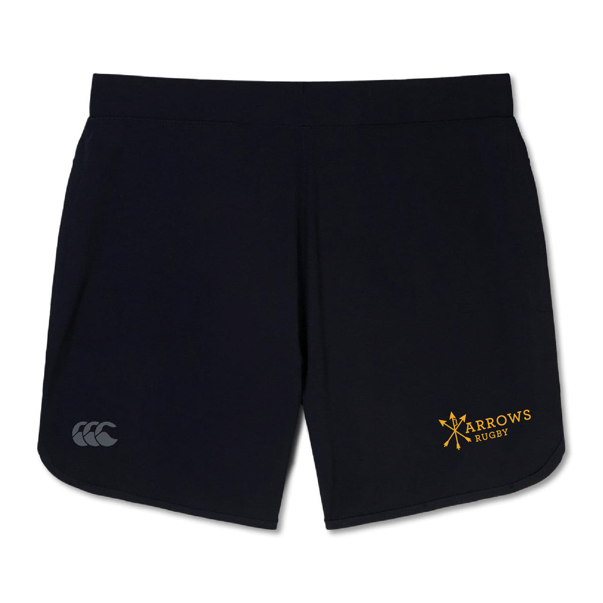 The Arrows Rugby Club Women's Elite Woven Short by EMB Canterbury features a grey Canterbury logo on the left thigh, a yellow "Arrows Rugby" logo with arrows on the right thigh, and zippered pockets for secure storage during workouts.