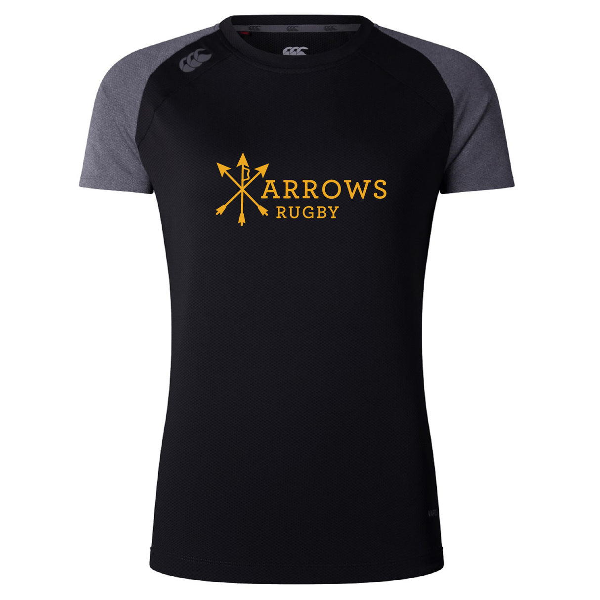 The Arrows Rugby Club Women's Elite Training Tee by WRS Canterbury is a black and gray short-sleeve shirt featuring "ARROWS RUGBY" and three yellow arrows on the front. Lightweight for comfort and performance.