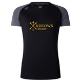 The Arrows Rugby Club Women's Elite Training Tee by WRS Canterbury is a black and gray short-sleeve shirt featuring "ARROWS RUGBY" and three yellow arrows on the front. Lightweight for comfort and performance.
