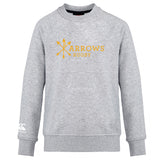 The Arrows Rugby Club Crew Sweatshirt by Canterbury features "ARROWS RUGBY" in yellow with crossed arrows, an embroidered CCC logo on the left sleeve, and ultra soft fabric for comfort and style. Brand: WRS Canterbury.