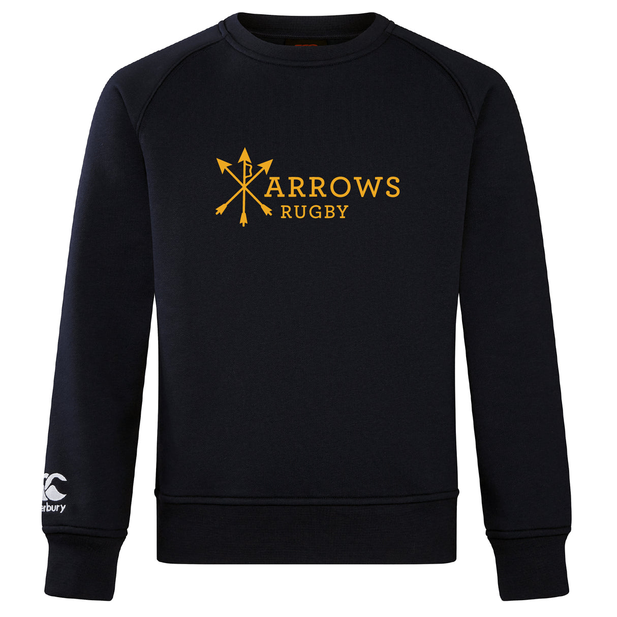 The Arrows Rugby Club Crew Sweatshirt by WRS Canterbury features “Arrows Rugby” and yellow crossed arrows on the front, plus an embroidered CCC logo on the left sleeve. Ultra soft for maximum comfort.