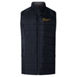 The EMB Canterbury Arrows Rugby Club Women's Elite Microlite Gilet is black, quilted, and insulated with Thermoreg fleece. It features a front zipper and a yellow "Arrows Rugby" logo on the left chest.