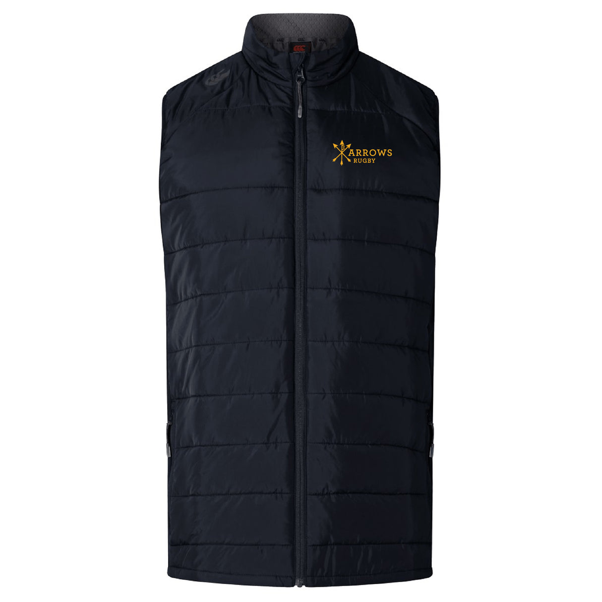 The EMB Canterbury Arrows Rugby Club Elite Microlite Gilet features black quilted insulation, a front zipper, and a yellow "Arrows Rugby" chest logo for warmth and comfort in signature Canterbury style.
