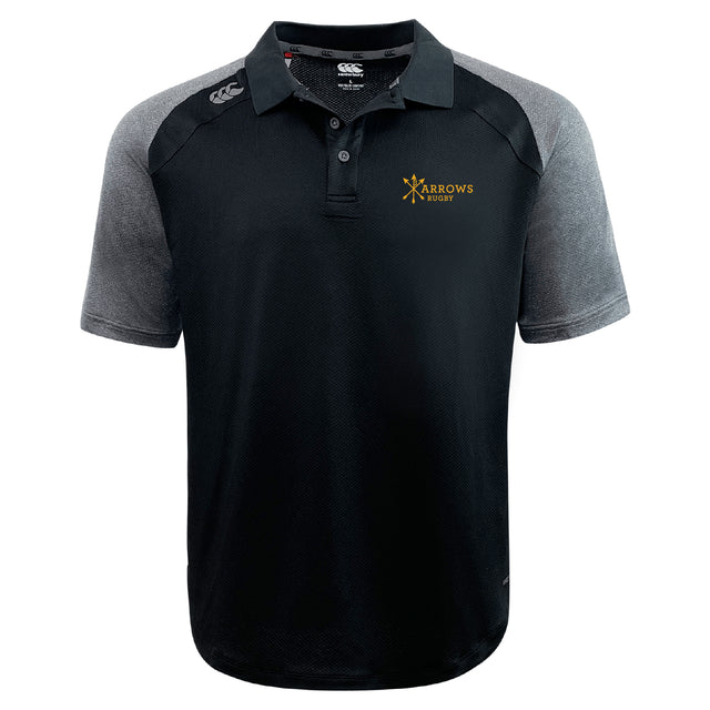 The Arrows Rugby Club Elite Polo by EMB Canterbury features Vapodri fabric for comfort, a lightweight design, a classic collar, and the "Arrows Rugby" logo on the left chest.