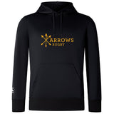 The Arrows Rugby Club Lightweight Hoodie by WRS Canterbury features “Arrows Rugby” in yellow, three crossed arrows above a spacious kangaroo pocket, and classic Canterbury Club styling.