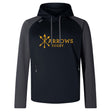 The Arrows Rugby Club Elite Training Hoody by WRS Canterbury features "Arrows Rugby" and a yellow arrow logo on the chest—a premium black and gray hoody ideal for training or casual wear.