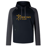The Arrows Rugby Club Elite Training Hoody by WRS Canterbury features "Arrows Rugby" and a yellow arrow logo on the chest—a premium black and gray hoody ideal for training or casual wear.