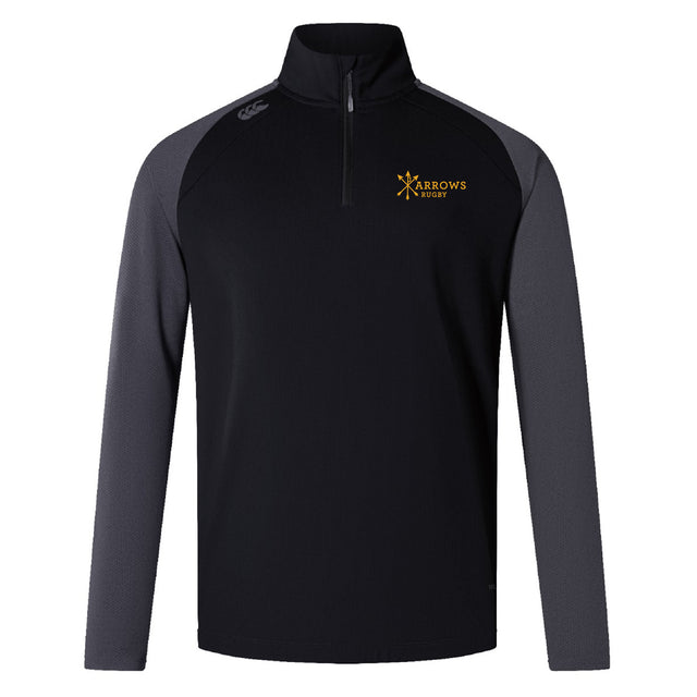 The Arrows Rugby Club Women's Elite First Layer by EMB Canterbury is a black and dark gray quarter-zip pullover with long sleeves and an "Arrows Rugby" logo, designed for moisture-wicking comfort and performance in every workout.