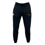 The EMB Canterbury Arrows Rugby Club Leisure Sweatpant by Canterbury features a drawstring waist, organic cotton material, a white logo on the left thigh, and a yellow logo on the right thigh, displayed on a plain white background.