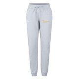 The Arrows Rugby Club Women's Leisure Sweatpant by EMB Canterbury features light gray organic cotton, an elastic waistband, drawstring, and dual side logos—white on the left, yellow on the right—for stylish comfort.