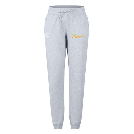 The Arrows Rugby Club Women's Leisure Sweatpant by EMB Canterbury features light gray organic cotton, an elastic waistband, drawstring, and dual side logos—white on the left, yellow on the right—for stylish comfort.