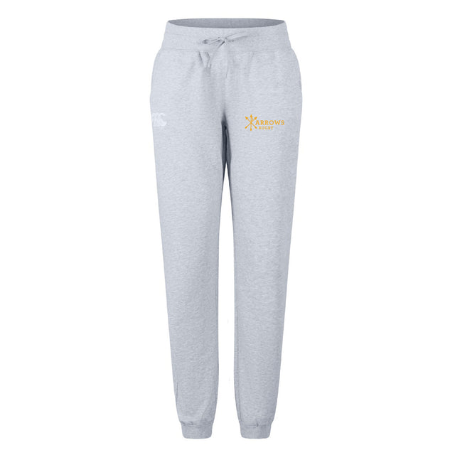 The Arrows Rugby Club Women's Leisure Sweatpant by EMB Canterbury features light gray organic cotton, an elastic waistband, drawstring, and dual side logos—white on the left, yellow on the right—for stylish comfort.