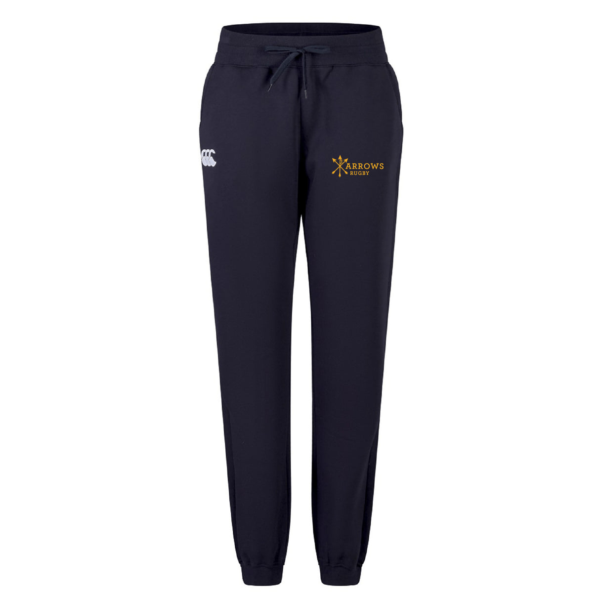 The Arrows Rugby Club Women's Leisure Sweatpant by EMB Canterbury features a drawstring waist, elastic cuffs, and front logos—a white Canterbury emblem and yellow Arrows Rugby crest—for comfort and sporty style.