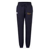 The Arrows Rugby Club Women's Leisure Sweatpant by EMB Canterbury features a drawstring waist, elastic cuffs, and front logos—a white Canterbury emblem and yellow Arrows Rugby crest—for comfort and sporty style.