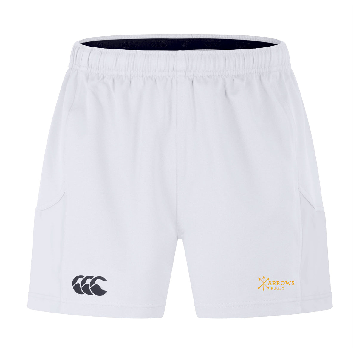 The Arrows Rugby Club Advantage Short 2.0 by EMB Canterbury features an elastic waistband, side pockets, and black and yellow logos on each leg—a modern, sustainable sportswear design.
