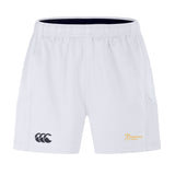 The Arrows Rugby Club Advantage Short 2.0 by EMB Canterbury features an elastic waistband, side pockets, and black and yellow logos on each leg—a modern, sustainable sportswear design.
