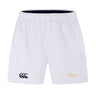 The Arrows Rugby Club Advantage Short 2.0 by EMB Canterbury features an elastic waistband, side pockets, and black and yellow logos on each leg—a modern, sustainable sportswear design.