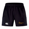 The Arrows Rugby Club Advantage Short 2.0 by EMB Canterbury features the CCC logo on the left leg and the yellow Arrows Rugby logo on the right, delivering sustainable sportswear excellence.