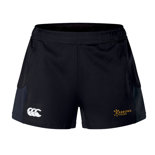 The Arrows Rugby Club Women's Advantage Short 2.0 by EMB Canterbury features a white CCC logo on the left leg and a yellow Arrows Rugby logo on the right.