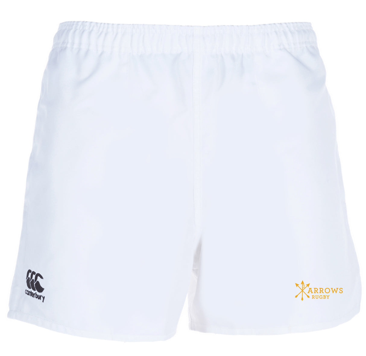 The Arrows Rugby Club Professional Polyester Rugby Short by EMB Canterbury features durable polyester, with the Canterbury logo on the left leg and the Arrows Rugby logo on the right leg.