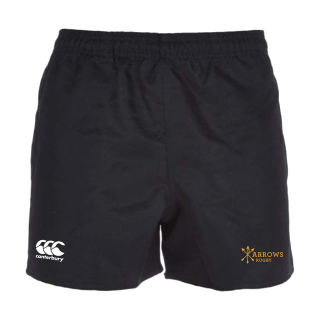 The Arrows Rugby Club Advantage Rugby Shorts by EMB Canterbury feature an elastic waistband, CCC logo on the left leg, and Arrows Rugby logo on the right. Designed for comfort and performance.