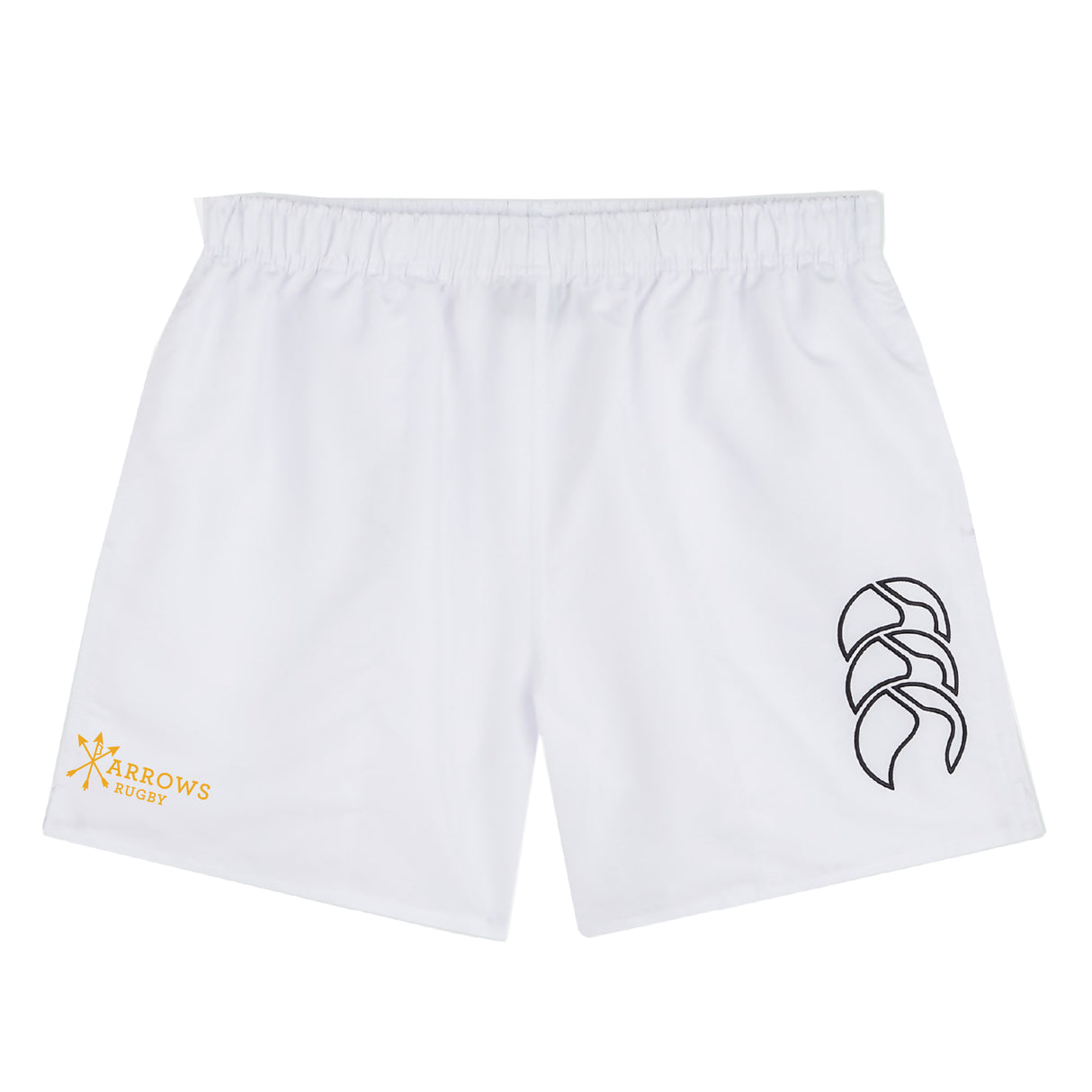 The Arrows Rugby Club Tactic Short by EMB Canterbury features an elastic waistband, black logo on the right leg, and "ARROWS RUGBY" in gold on the left—perfect men's rugby or lightweight gym shorts.