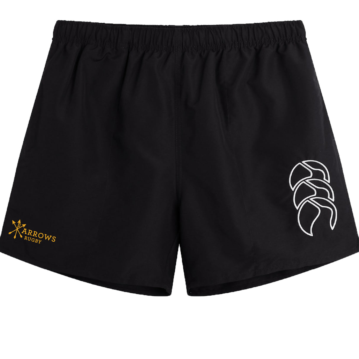 The EMB Canterbury Arrows Rugby Club Tactic Shorts are black with a white logo on the right leg and a small yellow "Arrows Rugby" logo on the left—ideal lightweight men’s gym or rugby shorts.