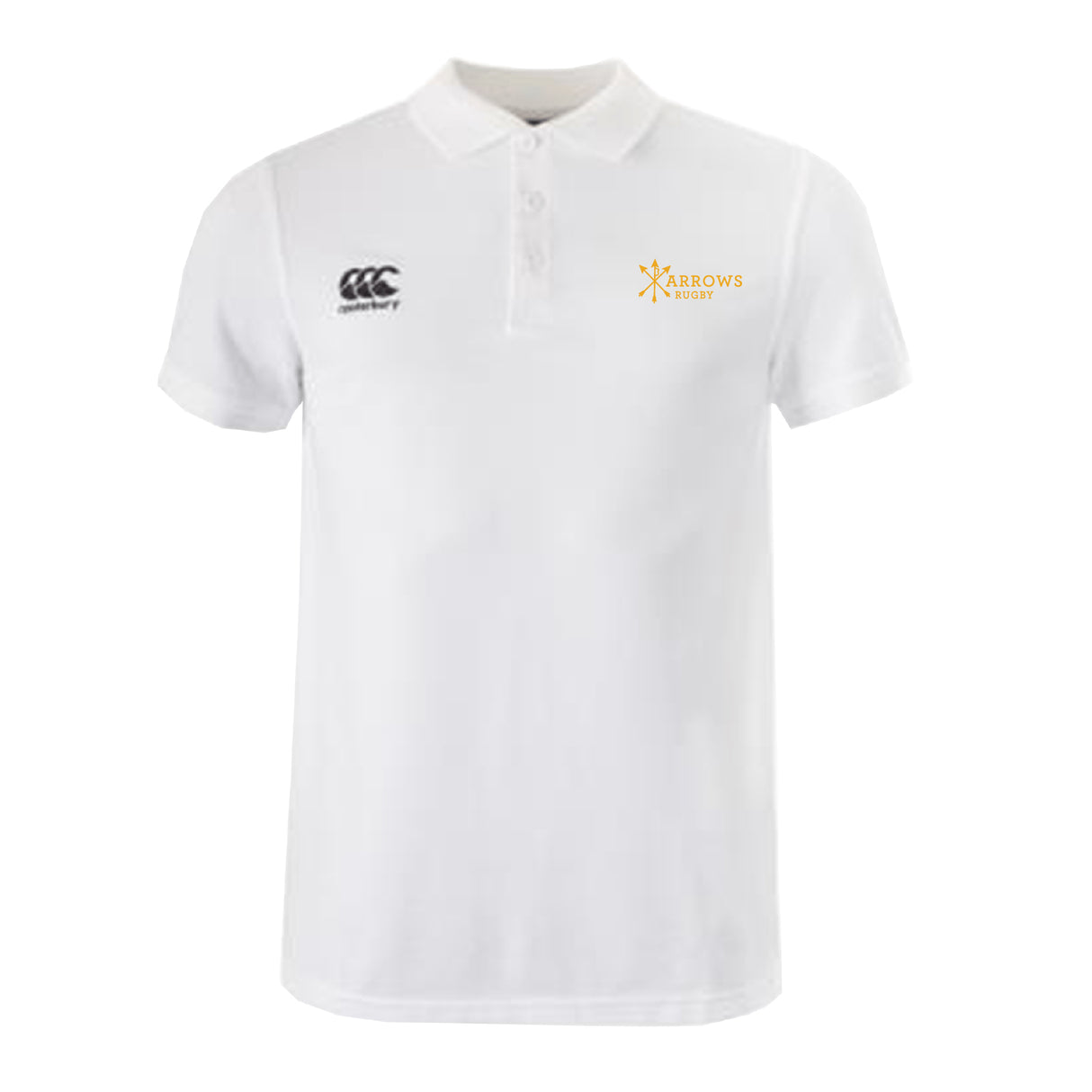 The Arrows Rugby Club Waimak Polo by Canterbury is a white short-sleeve collared shirt from EMB Canterbury, featuring the CCC Waimak Rugby Polo logo on the right chest and the Arrows Rugby logo on the left.