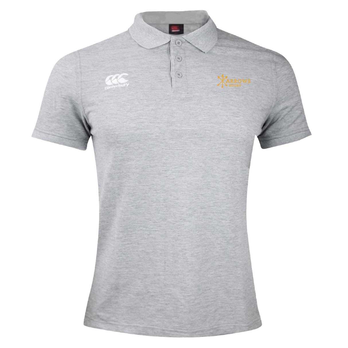The Arrows Rugby Club Waimak Polo by EMB Canterbury is a light grey men's rugby polo featuring a white Canterbury logo on the right chest and "HARVEST FINEST" embroidered in gold on the left chest.