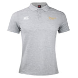 The Arrows Rugby Club Waimak Polo by EMB Canterbury is a light grey men's rugby polo featuring a white Canterbury logo on the right chest and "HARVEST FINEST" embroidered in gold on the left chest.