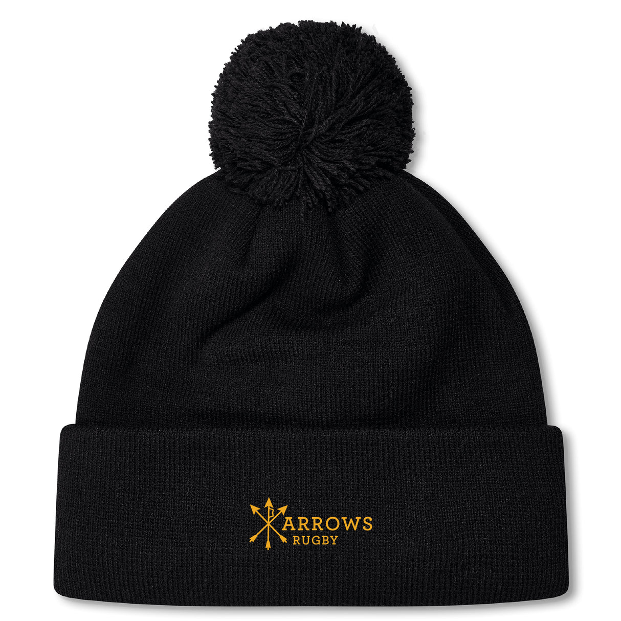 The Arrows Rugby Club Pom Pom Beanie by Canterbury features a black knit, fleece lining, and yellow "Arrows Rugby" logo embroidered on the fold—a cozy EMB Canterbury hat with pom-pom for fans.