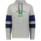 The WRS Augusta Nations of Rugby Australia Jackson Way Hoodie in grey features navy sleeve stripes, "AUSTRALIA RUGBY," and a green kangaroo print—ideal for Rugby Australia fans.