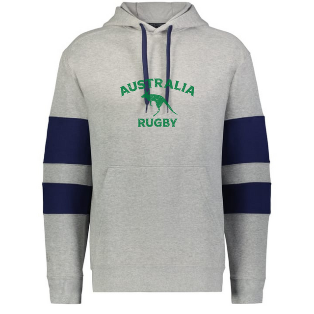 The WRS Augusta Nations of Rugby Australia Jackson Way Hoodie in grey features navy sleeve stripes, "AUSTRALIA RUGBY," and a green kangaroo print—ideal for Rugby Australia fans.