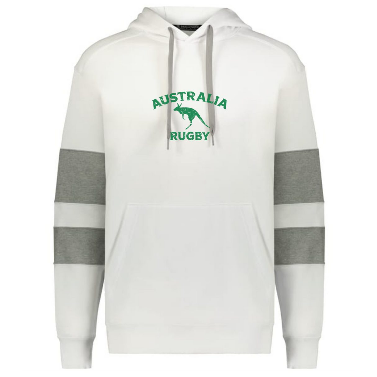 The Nations of Rugby Australia Jackson Way Hoodie by WRS Augusta features grey sleeve bands, a green kangaroo graphic, and "Australia Rugby" on the chest—ideal for any Rugby Australia fan.