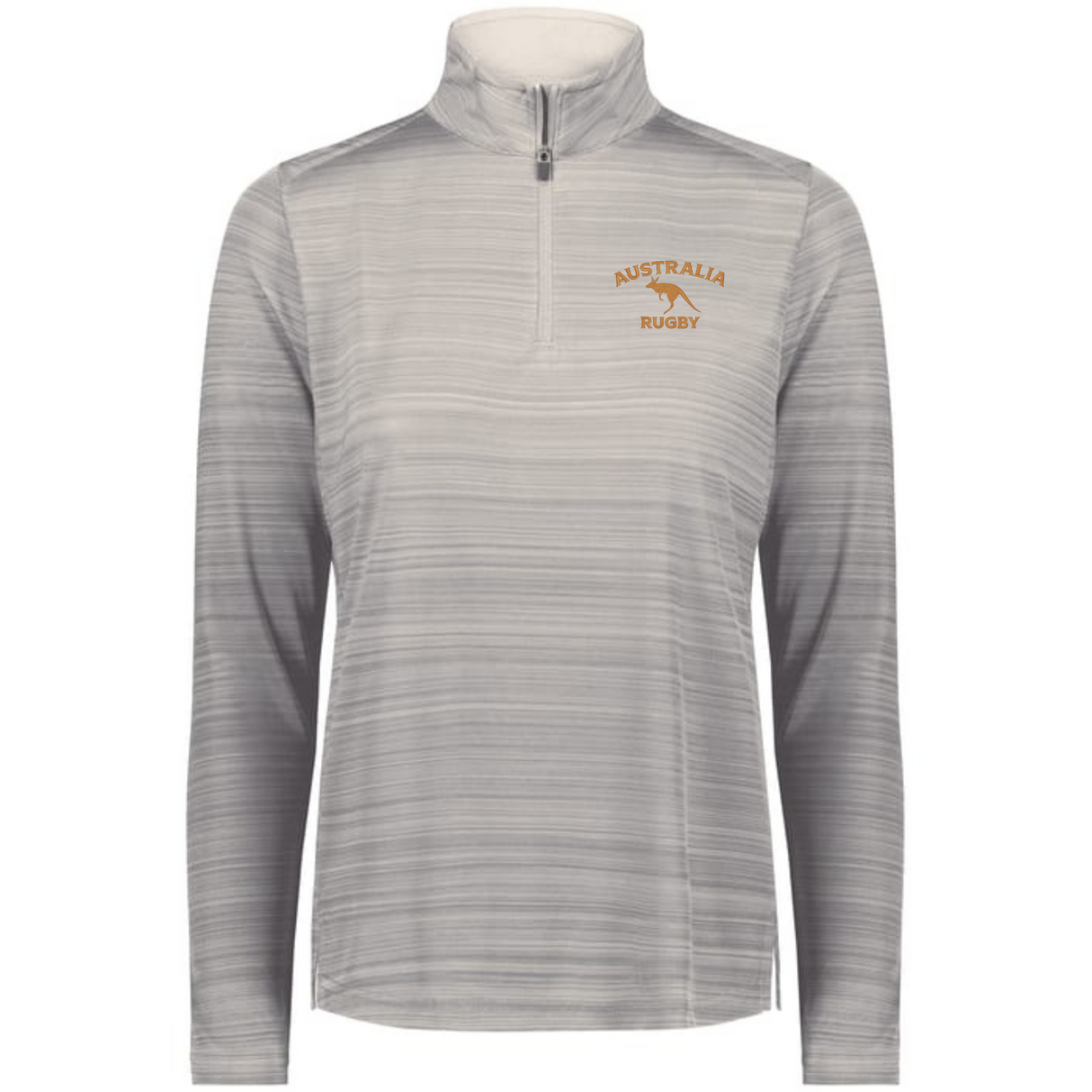 The EMB Augusta Women's Nations of Rugby Australia Pursuit 1/4 Zip Pullover features light gray stripes, "AUSTRALIA RUGBY," and a kangaroo graphic on the left chest—a stylish choice for rugby fans.