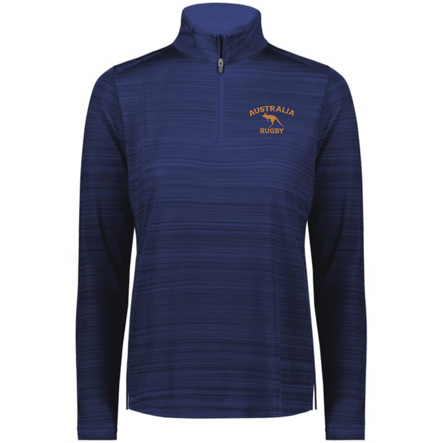 The EMB Augusta Women's Nations of Rugby Australia Pursuit 1/4 Zip Pullover features subtle navy stripes and an orange "Australia Rugby" logo on the left chest—an essential for fans of Australia rugby.